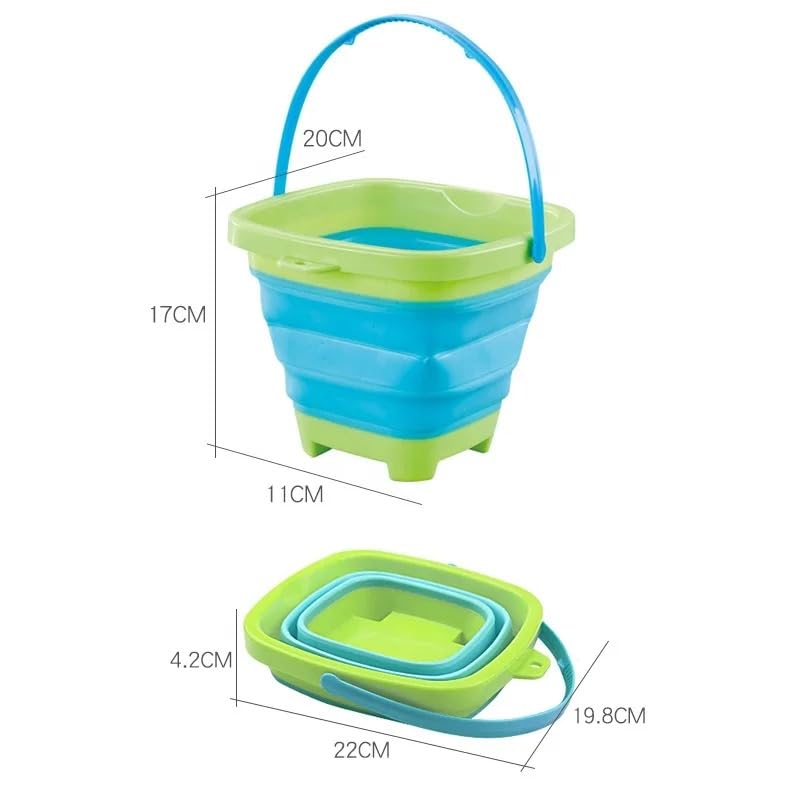 VIO Collapsible Silicone Beach Set, Foldable Fun Toys for Sandbox Backyard Sandpit Beach Splash Area with Bucket Molds Rake Shovel, Sand Toys for Toddler Kids Boys Girls, Great Gift (Green Blue)