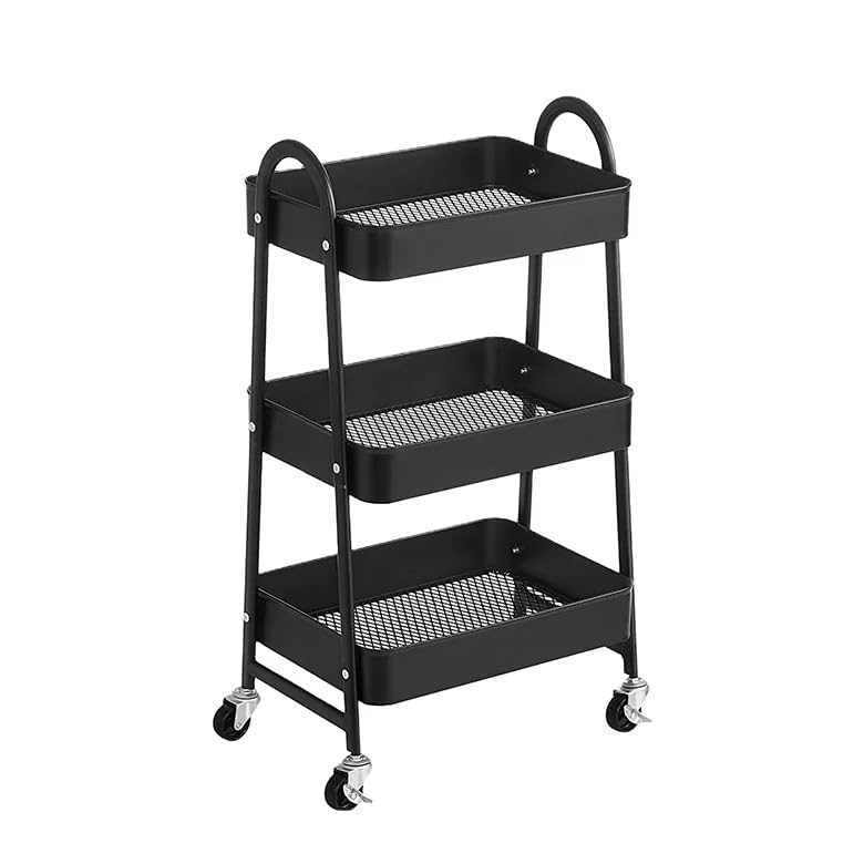 VIO 3 Tier Utility Rolling Plastic Storage Cart Trolley with Wheels Handle Multifunational Easy Assembly Storage Basket Organizer Shelves for Home Kitchen Bedroom Bathroom Office (Metal Black)