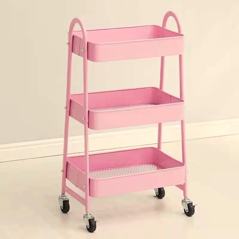 VIO 3 Tier Utility Rolling Plastic Storage Cart Trolley with Wheels Handle Multifunational Easy Assembly Storage Basket Organizer Shelves for Home Kitchen Bedroom Bathroom Office (Metal Pink)