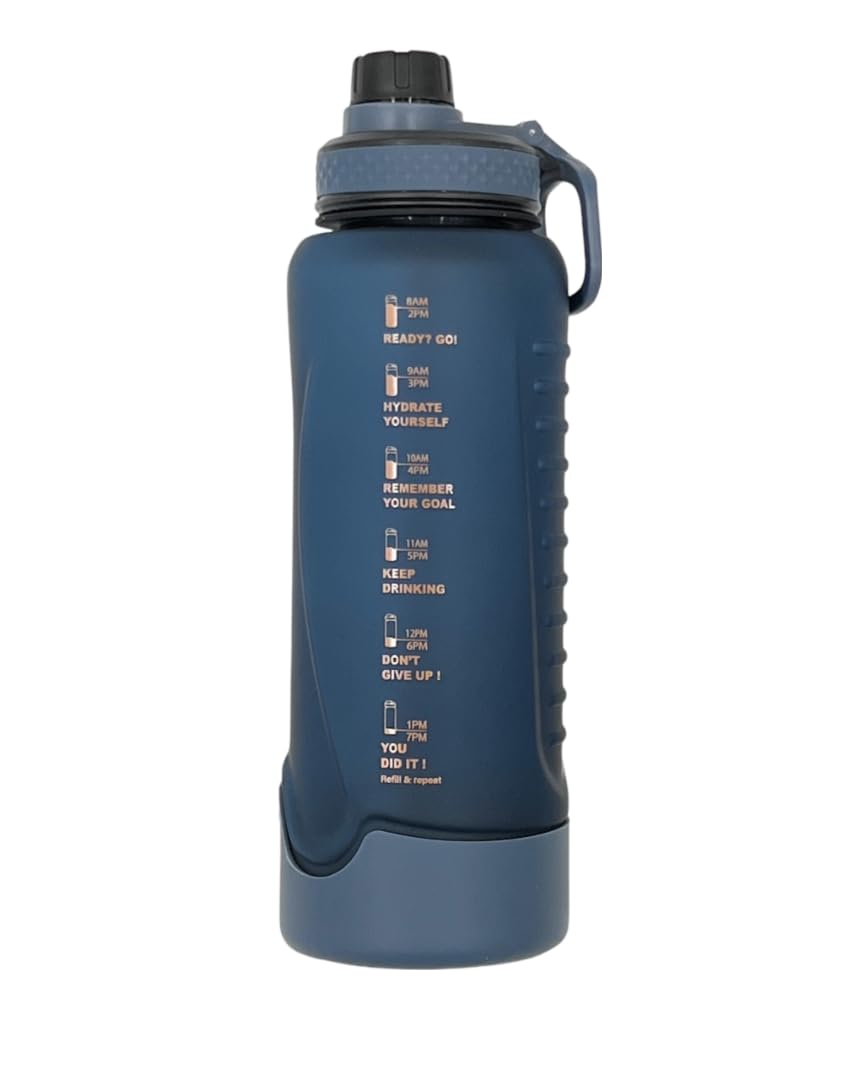 VIO® Sports Water Bottle Time Marker Leak Proof Reusable Motivational Drinking Fitness 1L Jug Portable Sturdy Daily Use Anti Slip Base Drinkware for Men Women Kids School Sports Fitness (Blue)