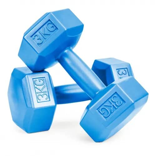 VIO Top Grade PVC Hexa Shape Dumbbell, Filled with Sand and Cement Fixed Weight Dumbbell SINGLE (3 KG)