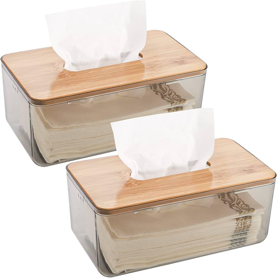 VIO® Acrylic Clear Tissue Box Holder with Bamboo Lid Water Resistant Facial Wipes Storage Case Stylish Napkin Dispenser Container for Desk Home Toilet Bathroom Restaurant Car Office (2 Pack)