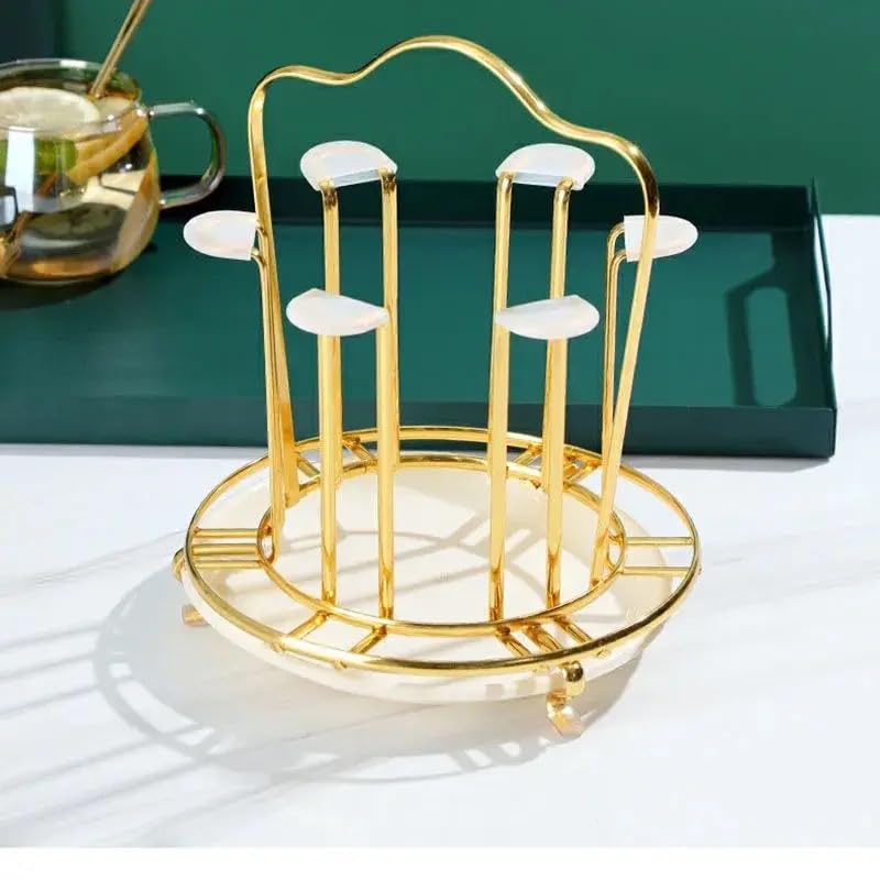 VIO® Cup Drying Rack 6 Cup Glass Drainer Rack Non-slip Stand Organizer for Mugs Cups Glasses with Metal Handle Detachable Drip Tray Mug Tree for Kitchen Gold