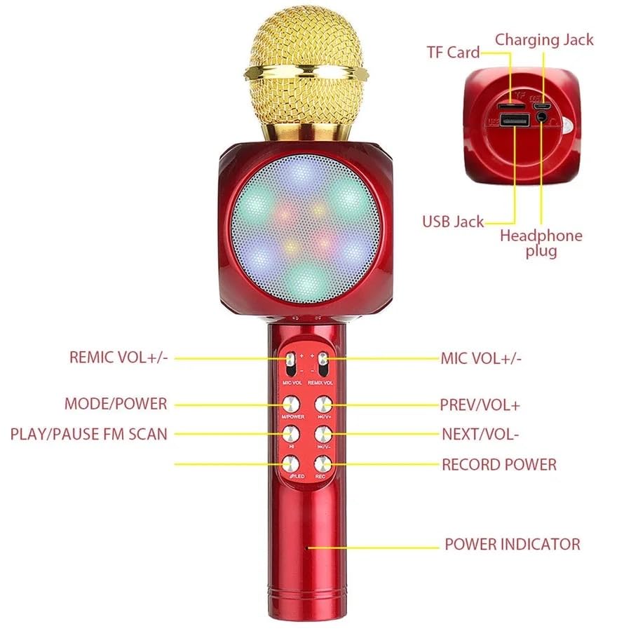 VIO Wireless 4 in 1 Bluetooth Karaoke Microphone, Handheld Portable Speaker Machine, Home KTV Player with Record Function, Compatible with Android & iOS Devices (Gold-Red New)