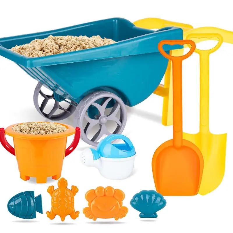 VIO® Beach Toy Trolley Handcart with Bucket Sandcastle Molds Shovel Tools Accessories for Beach Swimming Pool Summer Outdoor Party Gift Home Nursery Preschool Sand Snow Toys (Orange)