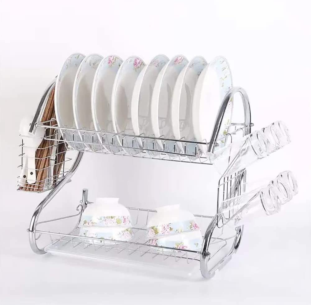 VIO 2 Tier Multifunctional Dish Drying Rack with Drain Board Dish Rack with Utensil Holder Stainless Steel, Space Saving Drying Rack for Kitchens, Restaurants, Canteens