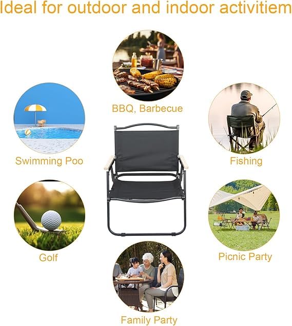 VIO®Portable Folding Camping Chair with Wooden Handle Lightweight Aluminum Backpack Chair for Beach Picnic Hiking Collapsible Outdoor Chair for Sand Lawn Concert and Travel (Black)