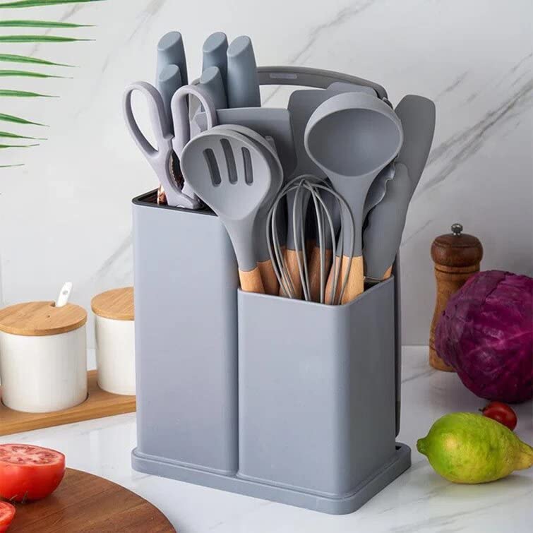 VIO Kitchenware Cooking Utensils Set, Silicone Kitchen Gadgets Utensil Set for Nonstick Cookware with Wooden Handle, Spatula Spoon Turner, Non-Toxic & Non-Stick, Heat-Resistant (GREY)