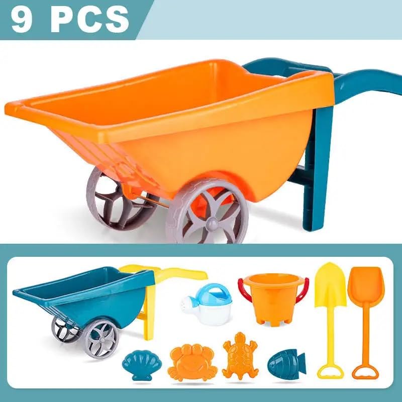 VIO® Beach Toy Trolley Handcart with Bucket Sandcastle Molds Shovel Tools Accessories for Beach Swimming Pool Summer Outdoor Party Gift Home Nursery Preschool Sand Snow Toys (Orange)