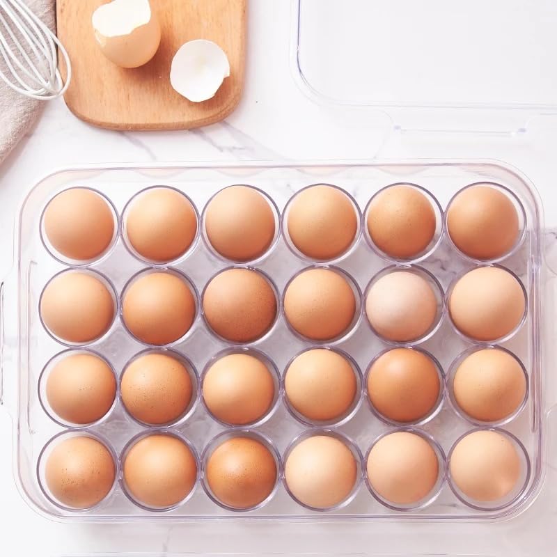 VIO Egg Holder for Refrigerator, Reusable Plastic Egg Organiser, Plastic Egg Storage Container, Clear Stackable Egg Tray with Lid, Clear Fridge Storage Box, Holds 24 Eggs (Clear-Blue Crisper)