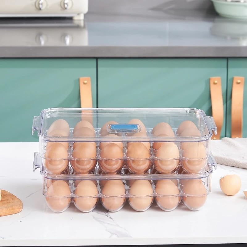 VIO Egg Holder for Refrigerator, Reusable Plastic Egg Organiser, Plastic Egg Storage Container, Clear Stackable Egg Tray with Lid, Clear Fridge Storage Box, Holds 24 Eggs (Clear-Blue Crisper)