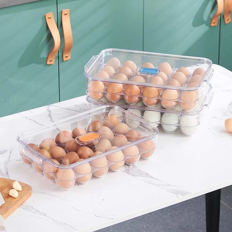 VIO Egg Holder for Refrigerator, Reusable Plastic Egg Organiser, Plastic Egg Storage Container, Clear Stackable Egg Tray with Lid, Clear Fridge Storage Box, Holds 24 Eggs (Clear-Blue Crisper)