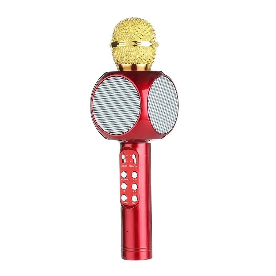 VIO Wireless 4 in 1 Bluetooth Karaoke Microphone, Handheld Portable Speaker Machine, Home KTV Player with Record Function, Compatible with Android & iOS Devices (Gold-Red New)