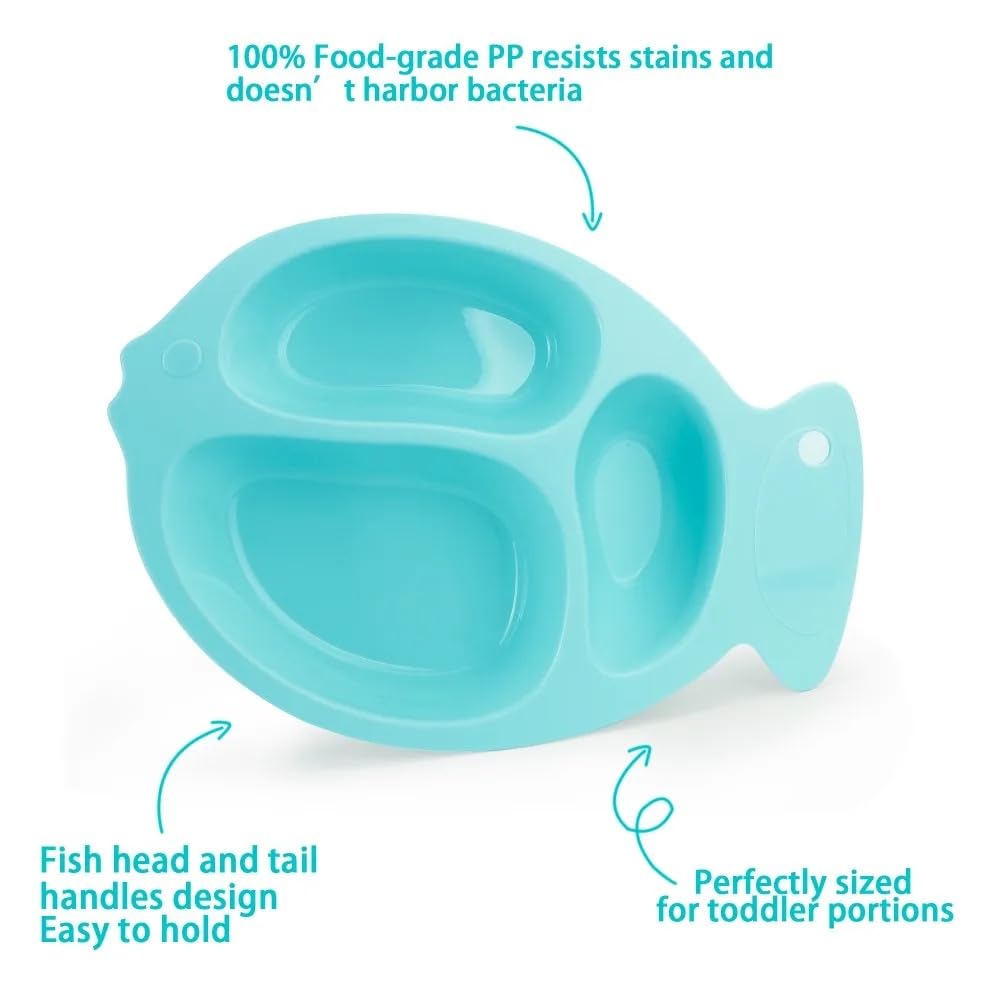 VIO® Kids Toddlers Baby Food Plate Non Toxic Safe PP Material Divided Sections Child Led Weaning Self Feeding Kids Home Travel Quality Fish Shape Plate Anti Slip Base Cover Lid Cutlery Set (Blue)