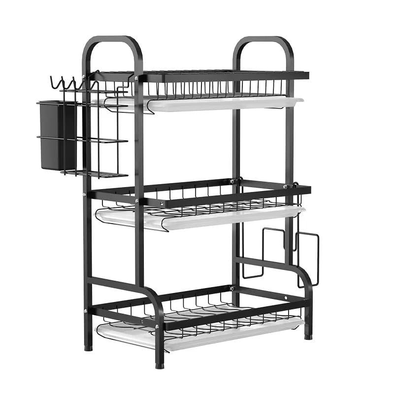 VIO 3 Tier Dish Drying Rack for Kitchen Counter Shelf with Water Drain Tray, Tableware, Utensil & Cutting Board Holder. Large Capacity Rustproof Durable Organizer Storage - 63.2x26.8x13.8cm Black