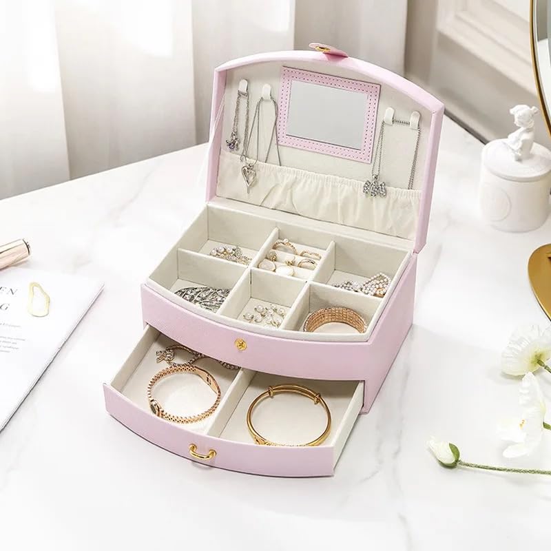 VIO Portable Jewelry Box, Small Travel Luxury PU Leather Jewelry Display Case and Storage Box for Holding Earrings, Necklace, Bracelet, Rings with Mirror, Jewelry Gift Box for Girls and Women (Pink)