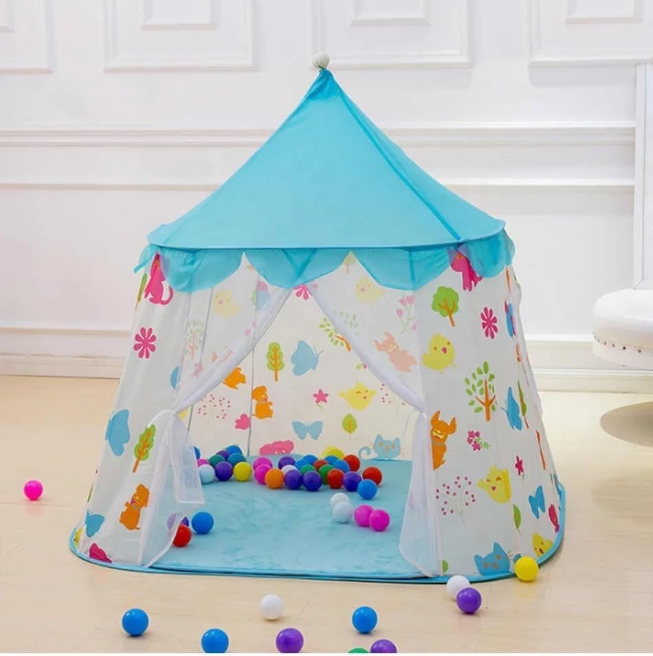 VIO Princess Castle, Play Tent, Large Kids Tent, Hexagonal Kids Playhouse for Indoor & Outdoor Use, Size 120cm * 120cm (Blue with Print)