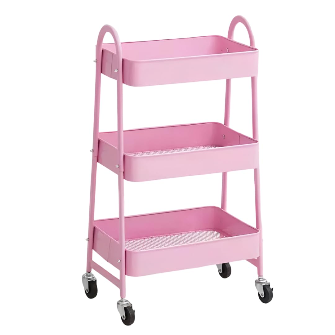 VIO 3 Tier Utility Rolling Plastic Storage Cart Trolley with Wheels Handle Multifunational Easy Assembly Storage Basket Organizer Shelves for Home Kitchen Bedroom Bathroom Office (Metal Pink)