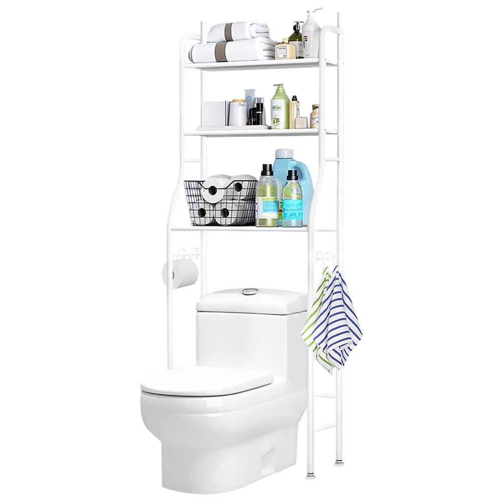 VIO® Metal Toilet Cabinet Bathroom Space Saver 3 Level Over The Toilet Shelf Organizer Stand Large Capacity Toilet Space Saving Rack 3 Tier Bathroom Storage No Drill Easy To Assemble (White)