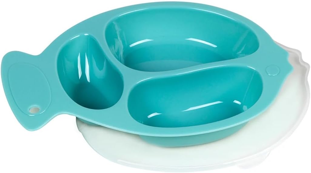 VIO® Kids Toddlers Baby Food Plate Non Toxic Safe PP Material Divided Sections Child Led Weaning Self Feeding Kids Home Travel Quality Fish Shape Plate Anti Slip Base Cover Lid Cutlery Set (Blue)