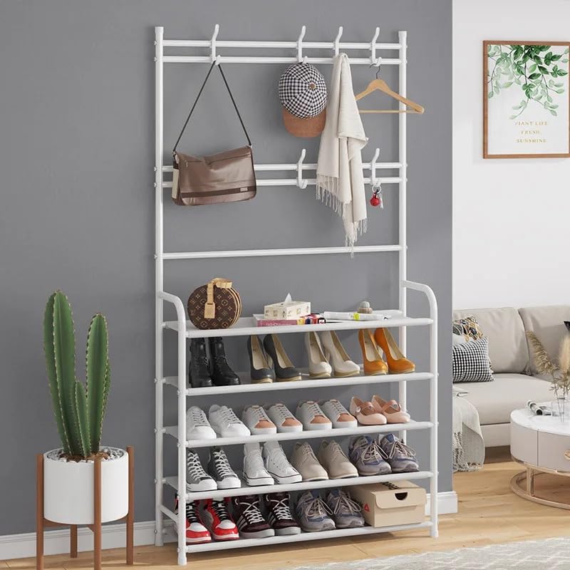 VIO Entryway Multifunctional 5-Tier Coat & Shoe Rack, 5-Level Hallway Coat Shoe Organizer with Storage Shelves & 8 Hanging Hooks for Shoes Scarves Bags Hats Caps Umbrella (80CM) (White)