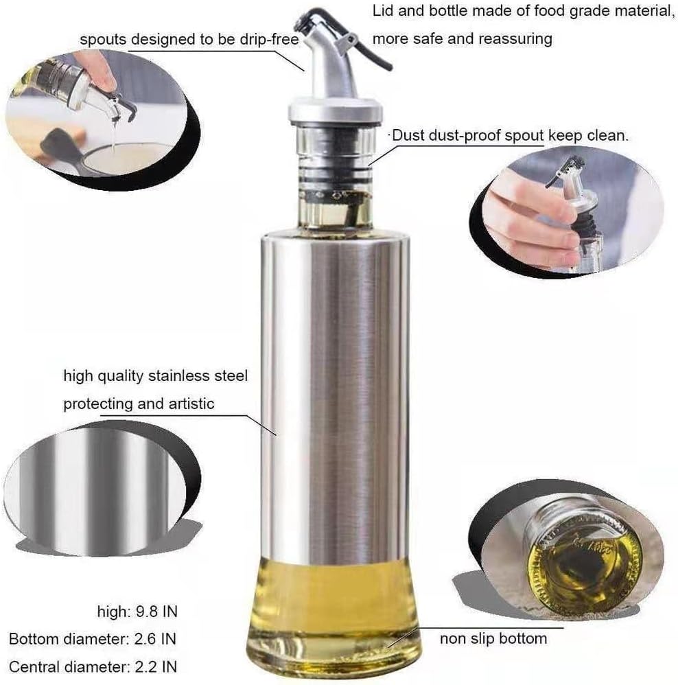 VIO 2 PCS Glass Oil Dispenser Bottle with Steel Cover, Seasoning Glass Oil Bottle, Leakproof Stainless Steel Cruet Thickened Glass Bottle (300 ML)