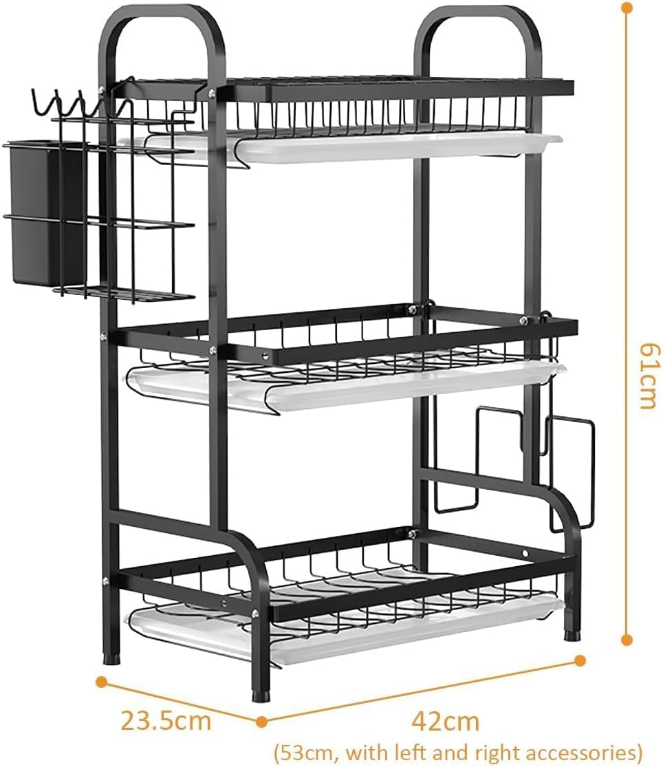 VIO 3 Tier Dish Drying Rack for Kitchen Counter Shelf with Water Drain Tray, Tableware, Utensil & Cutting Board Holder. Large Capacity Rustproof Durable Organizer Storage - 63.2x26.8x13.8cm Black