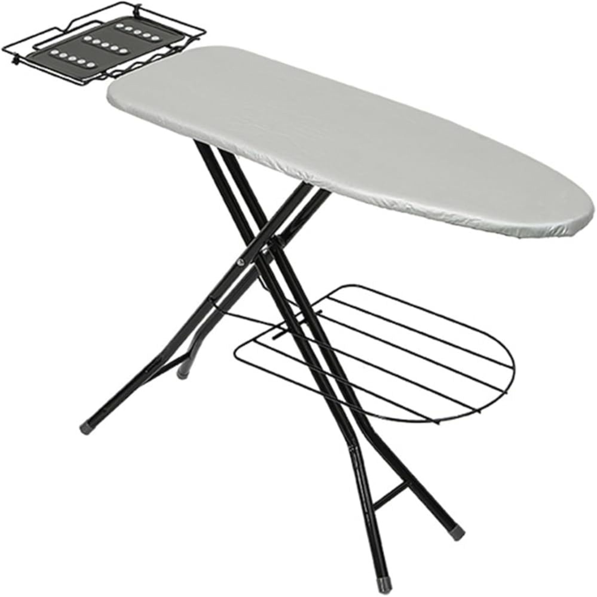 VIO® Multifunctional Fold Up Ironing Board with Steam Iron Rest Garment Hanger Rack Foldable Powder Coated Metal Alloy Body Heat Resistant Cover Non Slip Feet For Home Apartments Hotel (Silver)