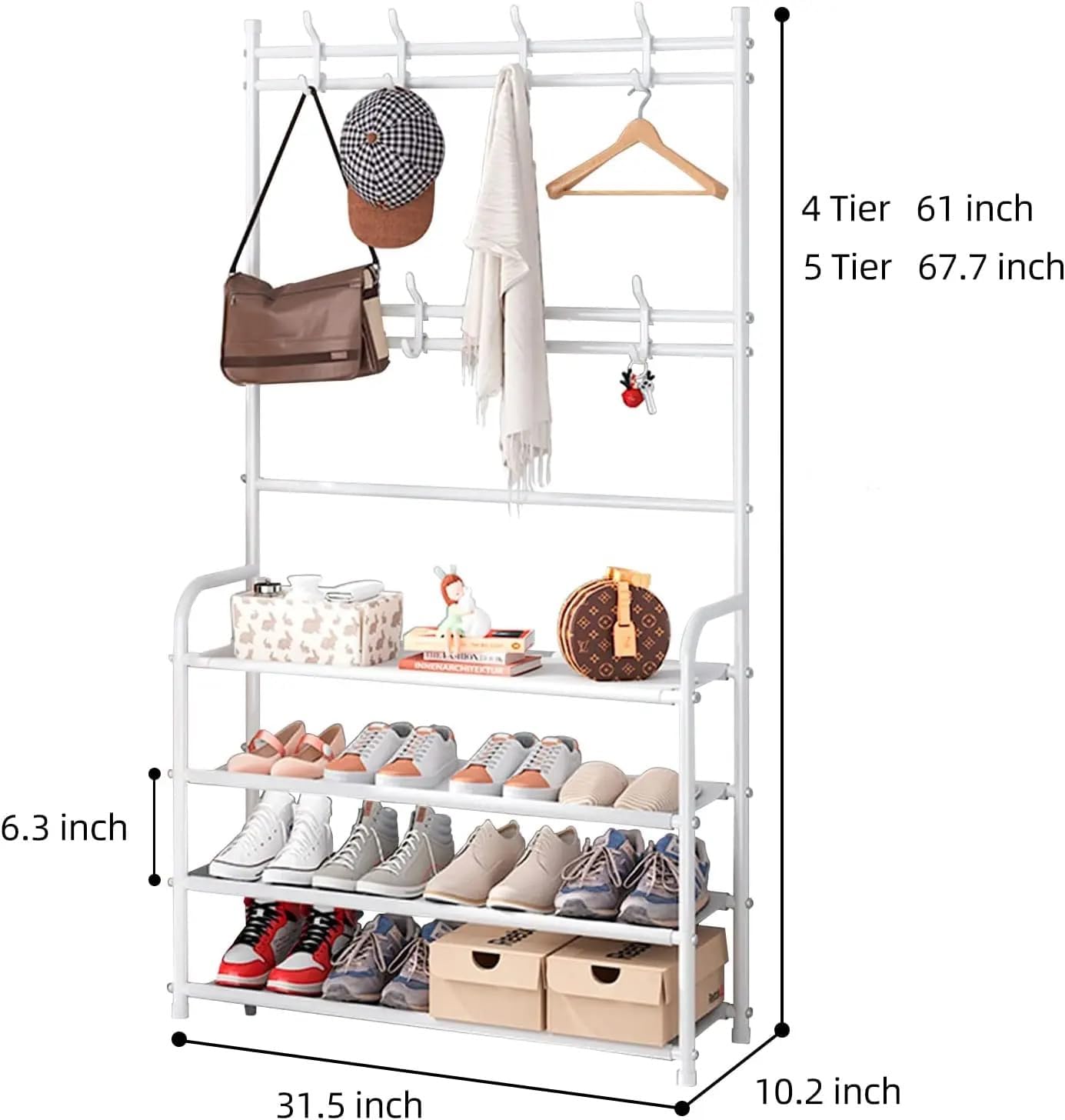 VIO Entryway Multifunctional 5-Tier Coat & Shoe Rack, 5-Level Hallway Coat Shoe Organizer with Storage Shelves & 8 Hanging Hooks for Shoes Scarves Bags Hats Caps Umbrella (80CM) (White)