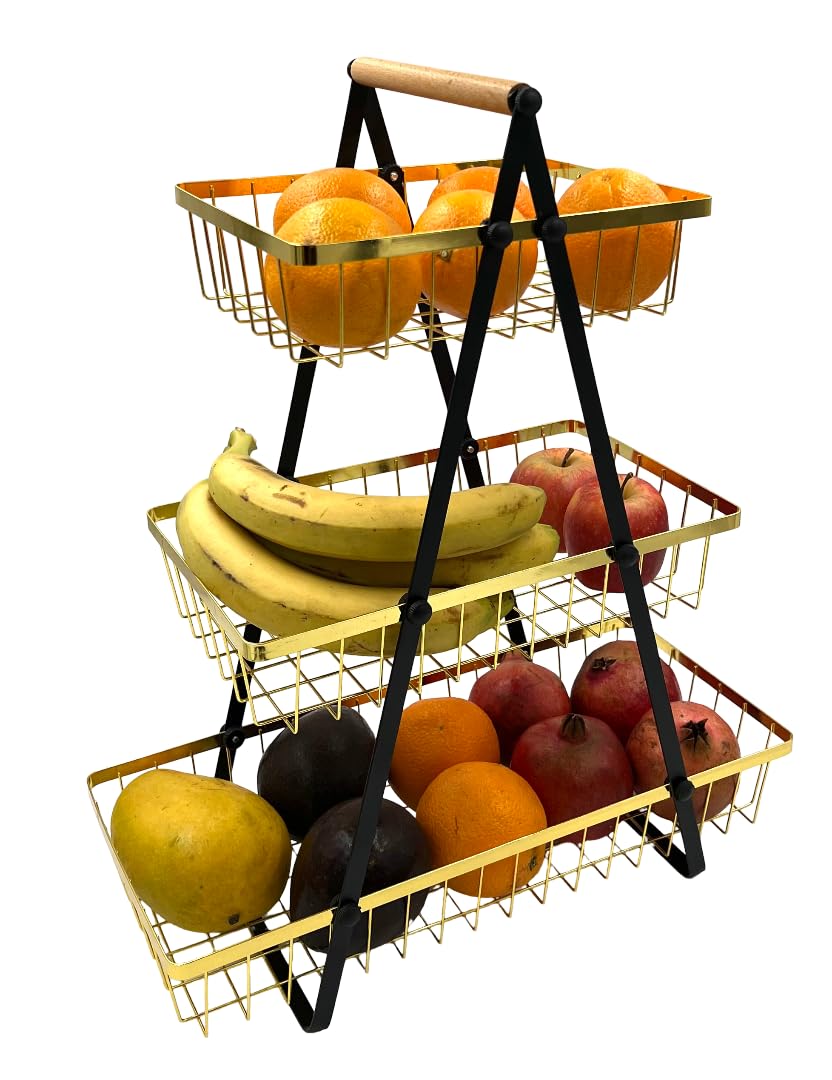 VIO 3 Tier Countertop Metal Fruit Basket Fruit Bowl Bread Basket Vegetable Holder Oragniser 3 Level Decorative Storage Stand Tray for Home Kitchen Countertop Great Gift (Gold Black)