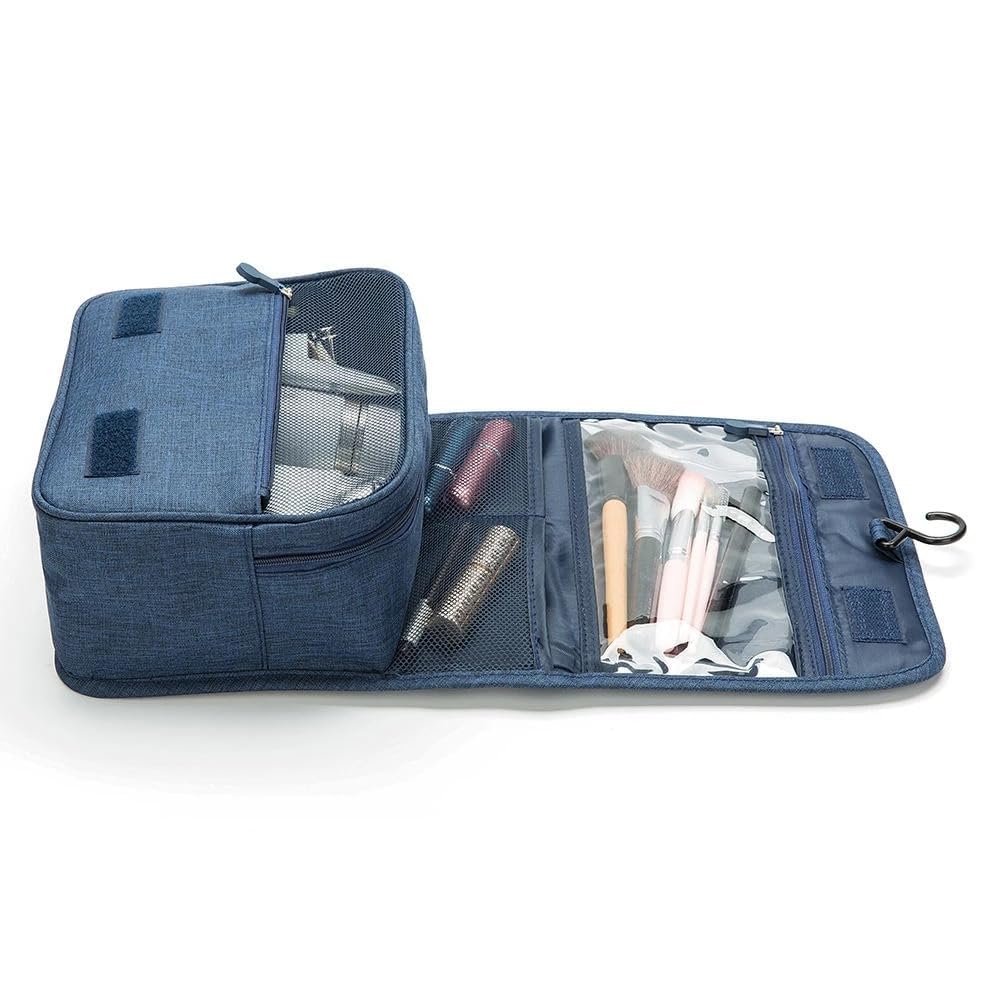 VIO Travel Toiletry Bag Organizer, Waterproof Multiple Compartment Hanging Cosmetics, Shaving, Grooming Storage Bag, Multi-pocket Portable Makeup Organizer Bag with Hook for Men and Women (Dark Blue)