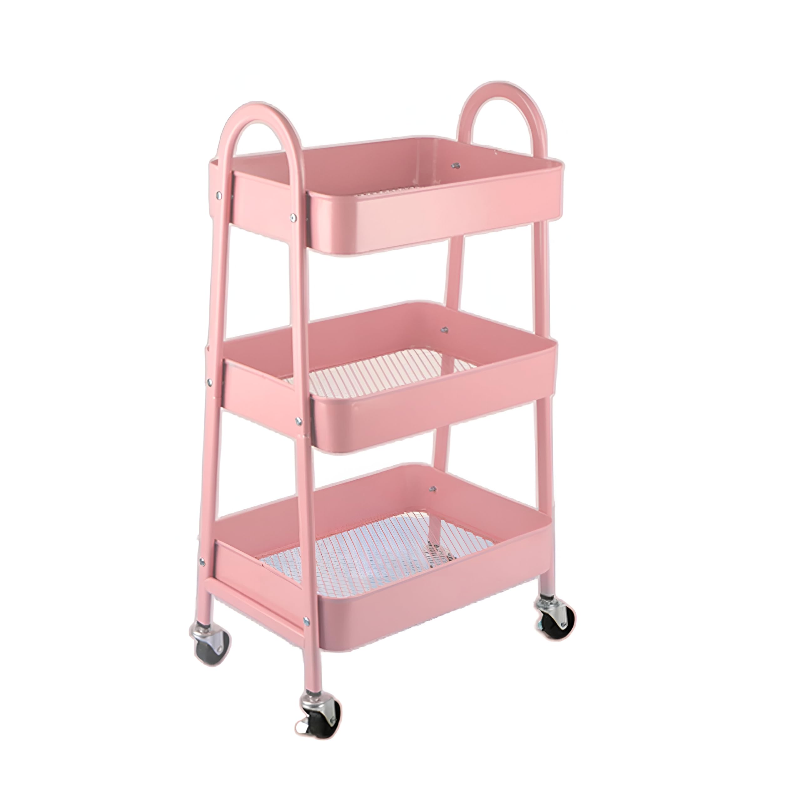 VIO 3 Tier Utility Rolling Plastic Storage Cart Trolley with Wheels Handle Multifunational Easy Assembly Storage Basket Organizer Shelves for Home Kitchen Bedroom Bathroom Office (Metal Pink)