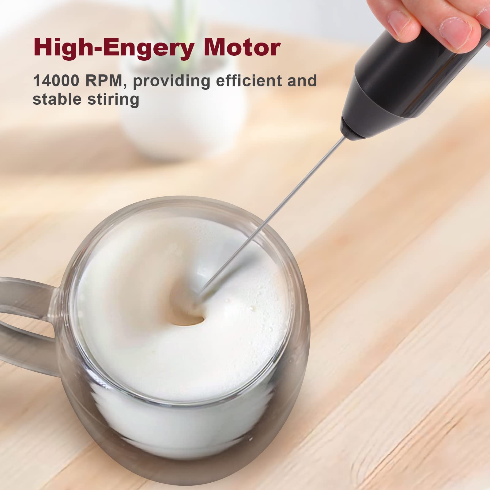 VIO Electric Milk Frother Handheld with High Motor, Mixer with Food Grade Stainless Steel Stirring Head, for Latte, Cappuccino,Drinks,Hot Chocolate. (Black, Battery Operated))