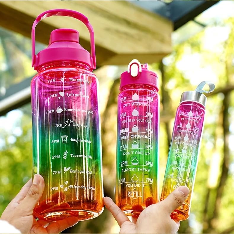 VIO Set of 3 Sports Water Bottles 3 Pack Motivational Bottles with Time Capacity Marker For School Office Home Gym Exercise Fitness Cycling Outdoor Men Women Kids 2000 900 500 ML (Pink Green Orange)