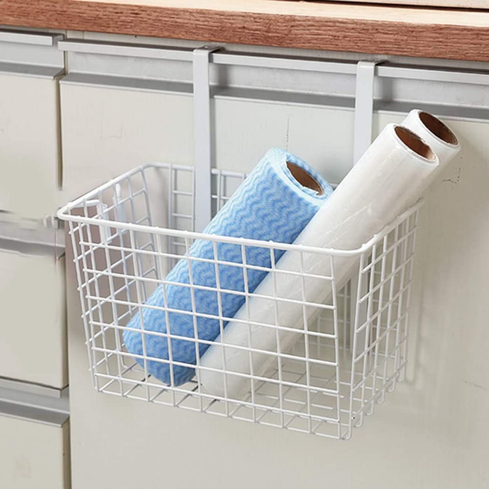 VIO Multifunctional Metal Wire Grid Hanging Storage Basket, Over the Cabinet Door Storage Organizer Rack, No-Drill Basket Holder for Kitchen, Room, Pantry, Bathroom, Home (WHITE)