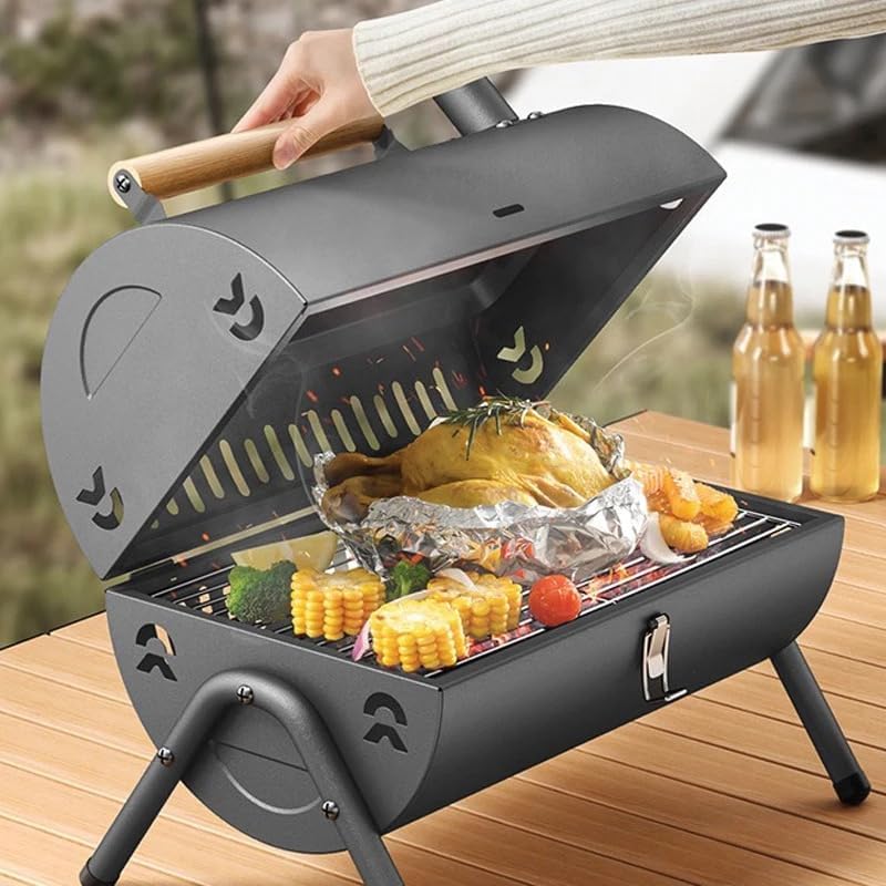 VIO Barbecue Grill Stainless Steel Charcoal Grill Foldable Durable Outdoor Household Camping BBQ Smoker for Outdoor Cooking Picnic Patio Backyard Camping Cooking (Barbecue With Lid)