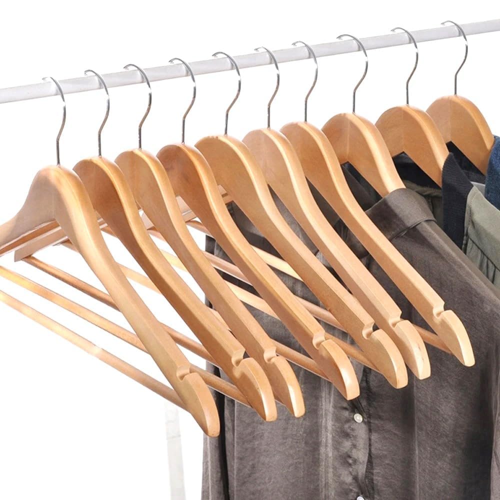 VIO® 10 Pack Natural Non Slip Wooden Hangers With 360° Rotatable Hook For Coat Shirt Suit Jacket Pants Skirt Dress Tops Bottoms Clothes Smooth Finish With Notches for Camisoles Spaghetti Straps (10)