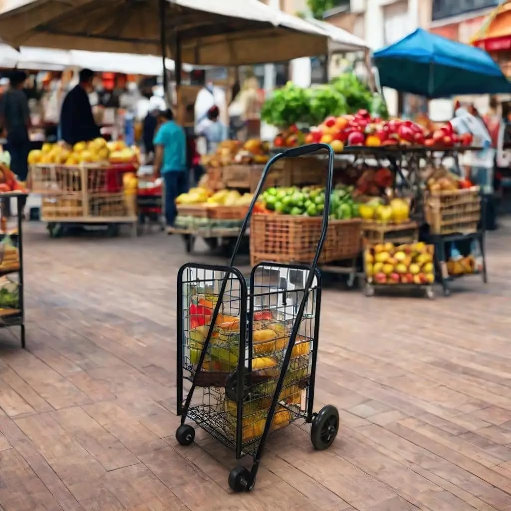 VIO Black Medium Duty Portable Folding Shopping Utility Trolley with Wheels Foldable Collapsible Cart with Basket for Grocery Laundry Shopping Luggage Picnic Beach (VIO802)