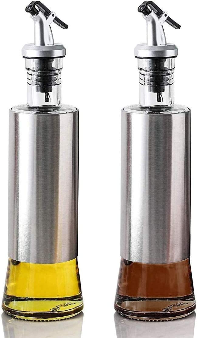 VIO 2 PCS Glass Oil Dispenser Bottle with Steel Cover, Seasoning Glass Oil Bottle, Leakproof Stainless Steel Cruet Thickened Glass Bottle (300 ML)