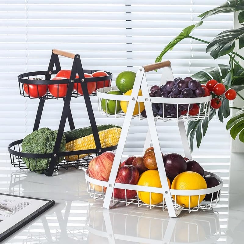 VIO 2 Tier Countertop Metal Fruit Basket Fruit Bowl Bread Basket Vegetable Holder Organiser 2 Level Decorative Storage Stand Tray for Home Kitchen Countertop Great Gift Oval Black (Black)