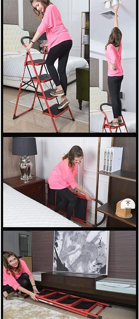 VIO Step Ladder Folding Step Stool Stepladders with Anti-Slip and Wide Pedal for Home and Kitchen Use Space Saving (Red) (3 step ladder)