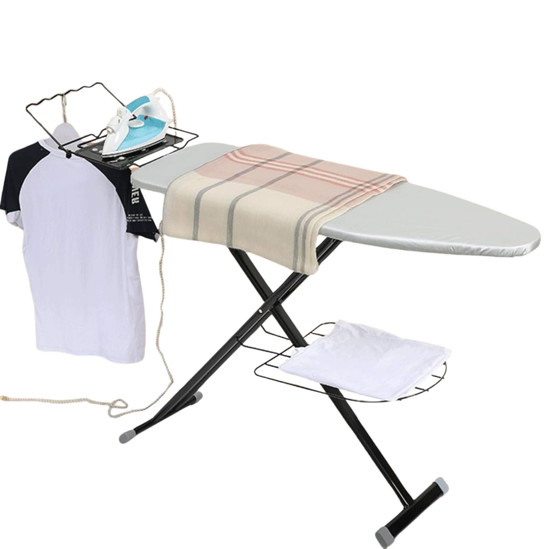 VIO® Multifunctional Fold Up Ironing Board with Steam Iron Rest Garment Hanger Rack Foldable Powder Coated Metal Alloy Body Heat Resistant Cover Non Slip Feet For Home Apartments Hotel (Silver)