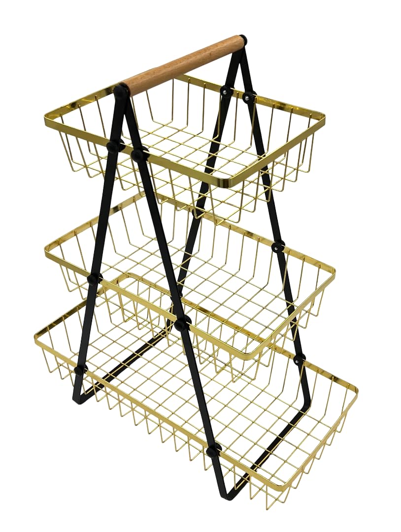 VIO 3 Tier Countertop Metal Fruit Basket Fruit Bowl Bread Basket Vegetable Holder Oragniser 3 Level Decorative Storage Stand Tray for Home Kitchen Countertop Great Gift (Gold Black)