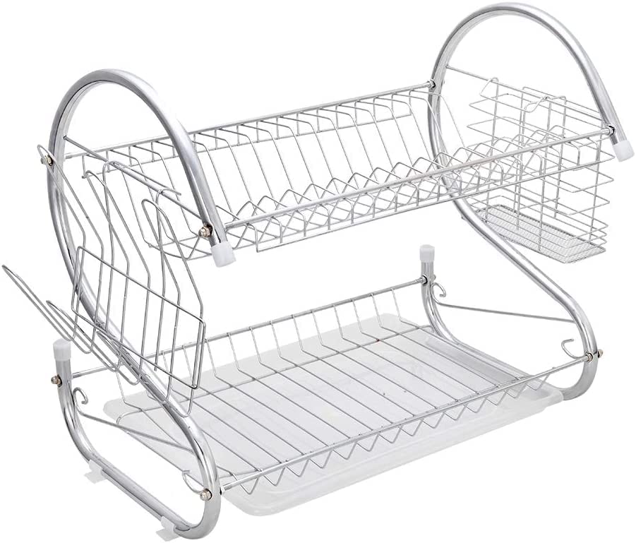 VIO 2 Tier Multifunctional Dish Drying Rack with Drain Board Dish Rack with Utensil Holder Stainless Steel, Space Saving Drying Rack for Kitchens, Restaurants, Canteens