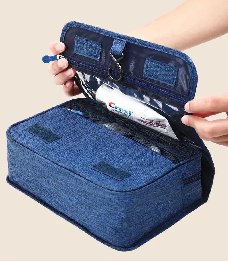 VIO Travel Toiletry Bag Organizer, Waterproof Multiple Compartment Hanging Cosmetics, Shaving, Grooming Storage Bag, Multi-pocket Portable Makeup Organizer Bag with Hook for Men and Women (Blue)