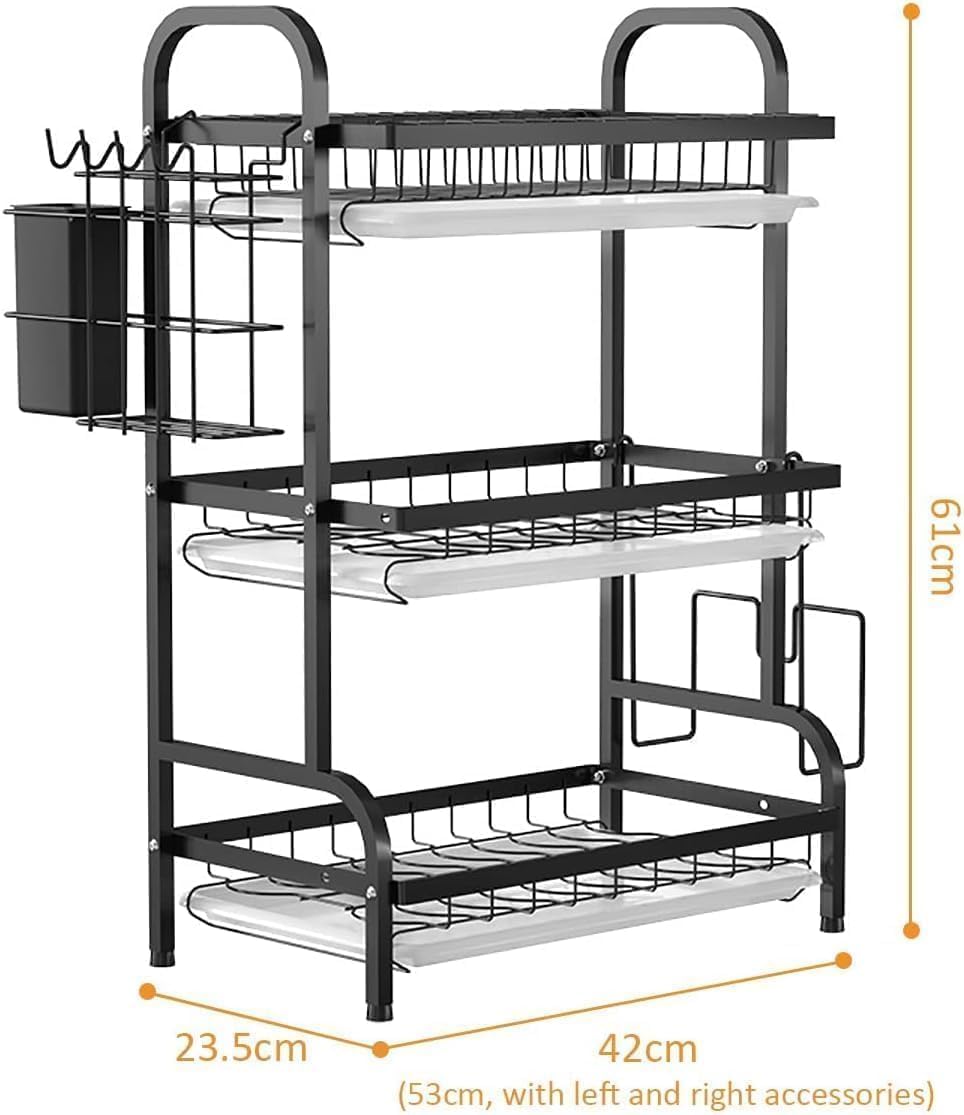 VIO® 3 Tier Dish Drying Rack with Utensil Plates Cutlery Knives Cutting Board Holder Drain Board Large Capacity 3 Level Dish Drainer Home Kitchen Countertop Stand Shelf Dryer Storage Organizer (Black)