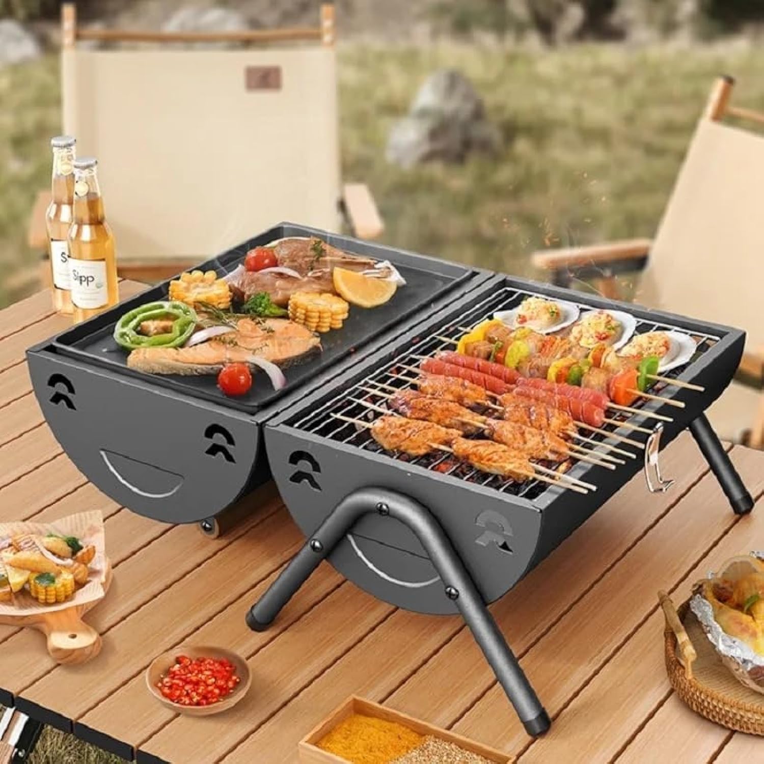 VIO Barbecue Grill Stainless Steel Charcoal Grill Foldable Durable Outdoor Household Camping BBQ Smoker for Outdoor Cooking Picnic Patio Backyard Camping Cooking (Barbecue With Lid)