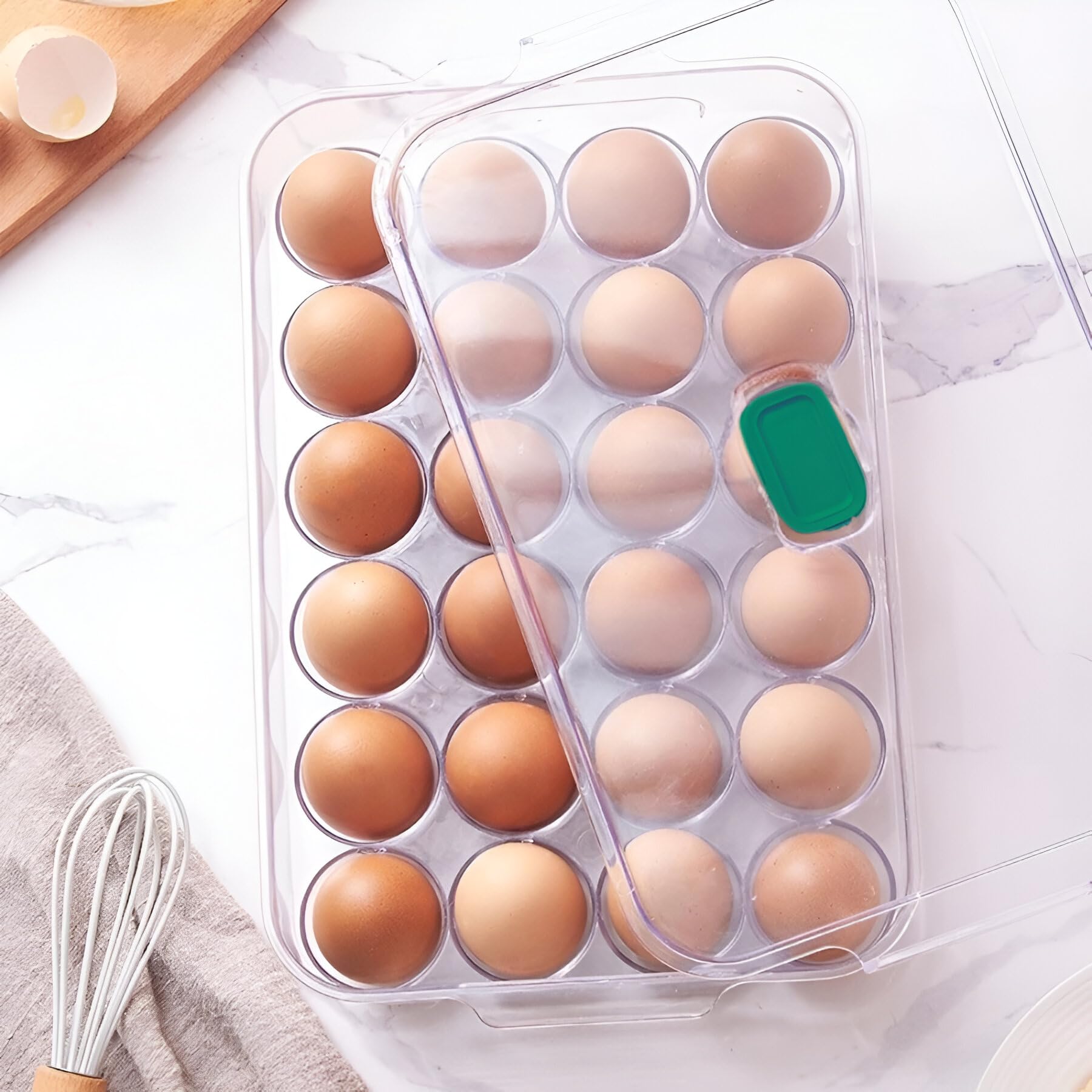 VIO Egg Holder for Refrigerator, Reusable Plastic Egg Organiser, Plastic Egg Storage Container, Clear Stackable Egg Tray with Lid, Clear Fridge Storage Box, Holds 24 Eggs (Clear-Blue Crisper)