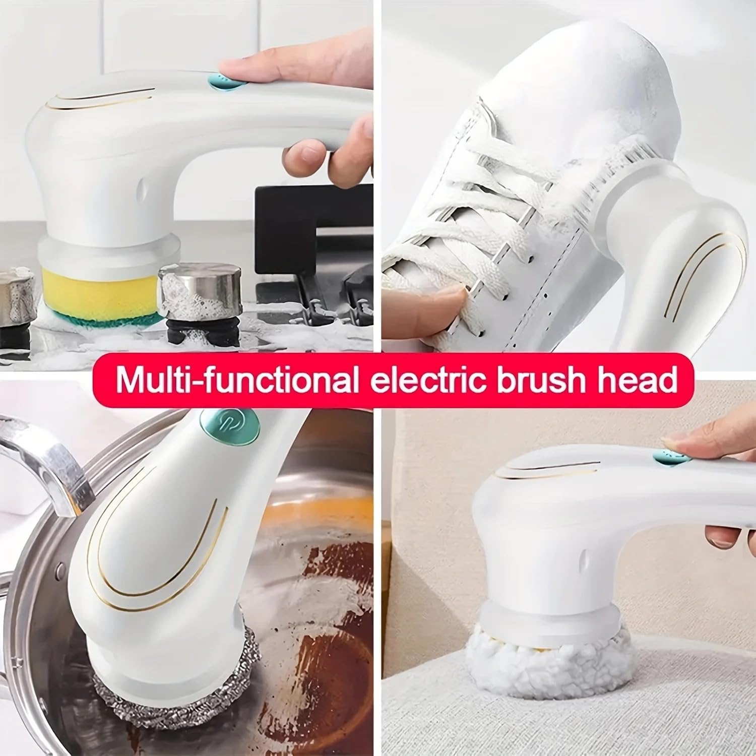 VIO® Electric Cordless Handheld Magic Brush USB Rechargeable Spin Scrubber with Sponge Steel Wool Scouring Pad Polisher Multifunctional Cleaning Accessories for Kitchen Bathroom Home Shoes (White)