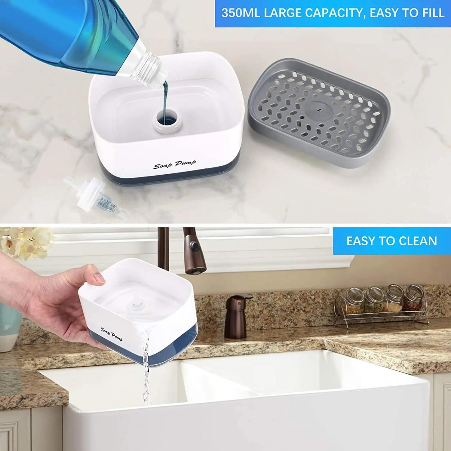 VIO Soap Pump Dispenser Sponge Brush Holder, Detachable Dish Soap Caddy 3-in-1 Draining Design, Plastic Countertop Refillable Liquid Dish Detergent Holder for Kitchen Sink Home (White)